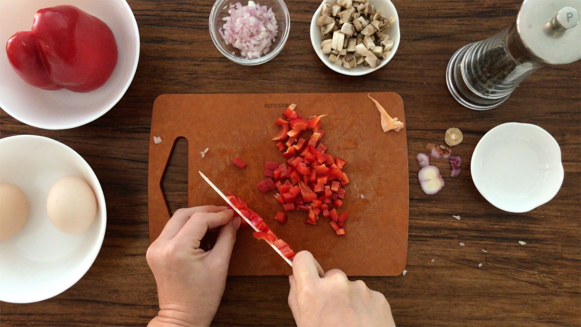 dicing a quarter of a red bell pepper